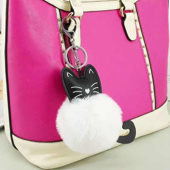 Black Kitty Cat with Grey Pom Pom Keychain - Picture 3 of 16